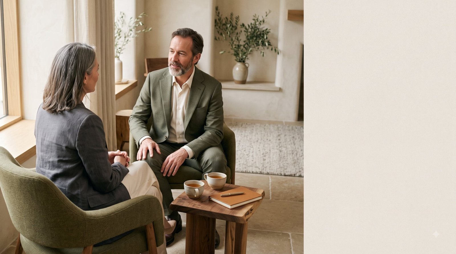 Two professionals have a calm private conversation over tea in a softly lit space, representing a consultation about energy, recovery, and sustainable performance.