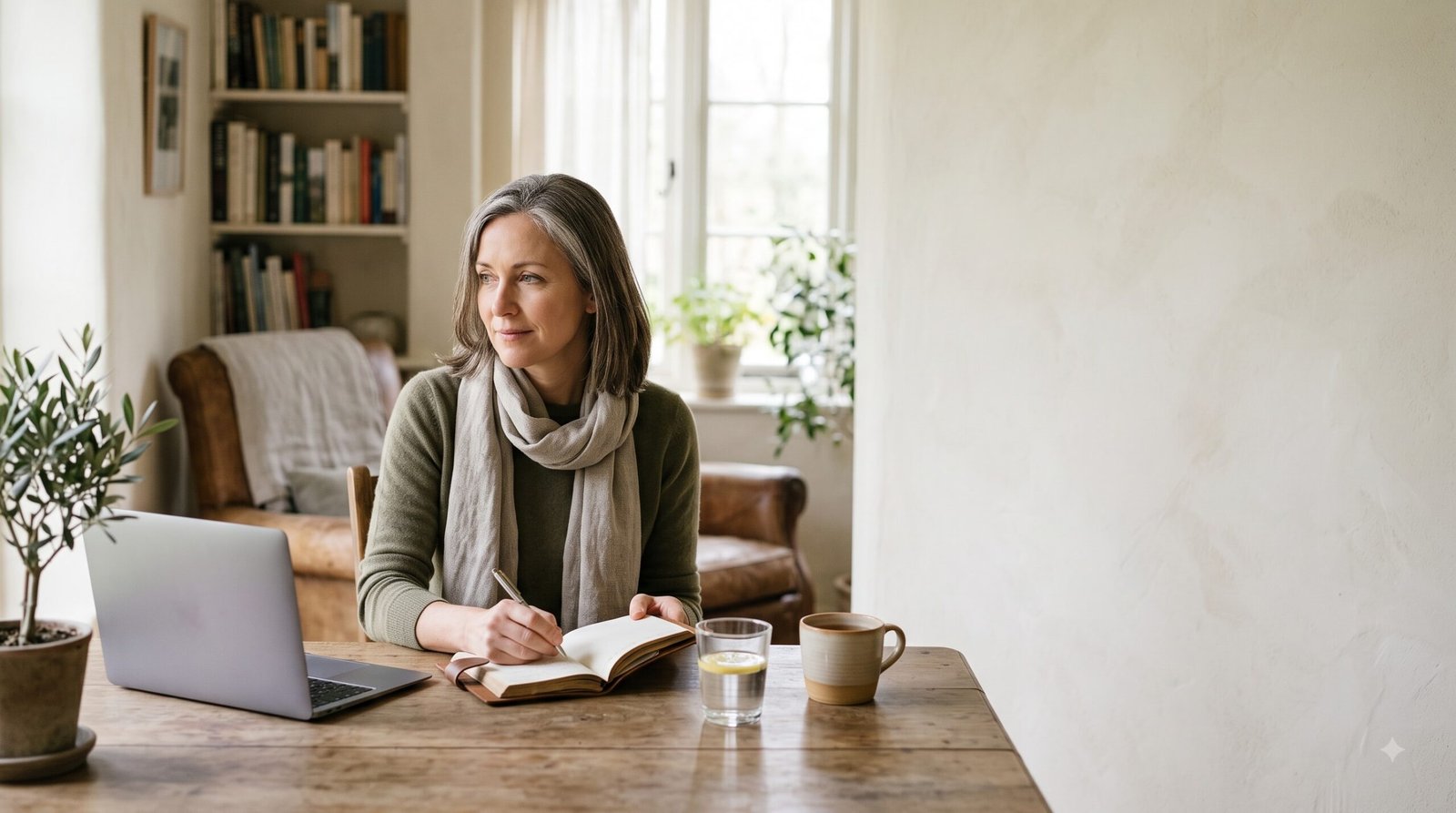 A professional reflects beside an open notebook and laptop in a calm private workspace, representing personalised online guidance and sustainable routines.