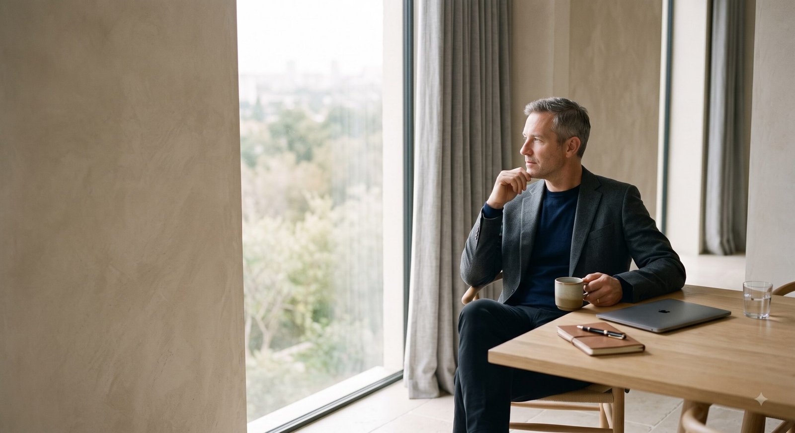 A thoughtful professional pauses by a window with a notebook, tea, and laptop nearby, suggesting a private reset for energy, focus, and sustainable performance.