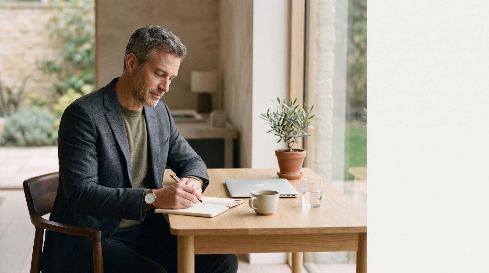A composed professional reviews a notebook at a calm, sunlit desk with a laptop, water, and tea, representing sustainable energy, focus, and clear decision-making.