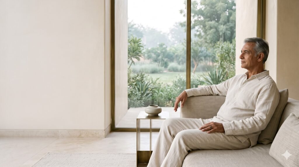 Indian man wearing a discreet wellness ring beside a garden-facing window at dawn.