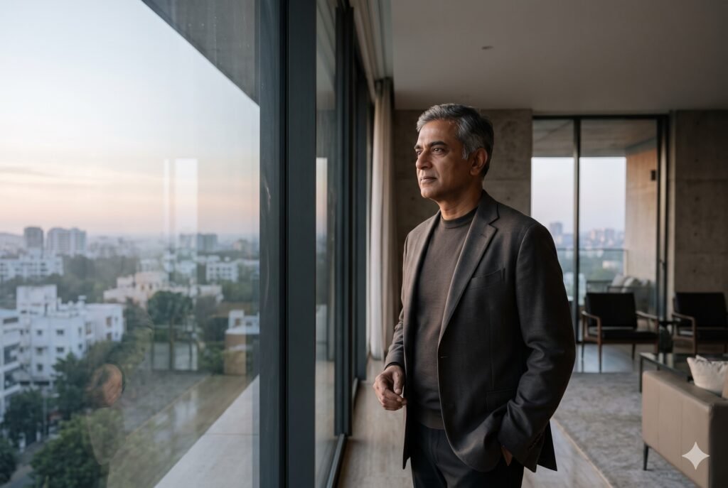 Business leader looking over a city at dawn before the working day begins. Caption: The demands of success are visible. The need for recovery is easier to overlook.