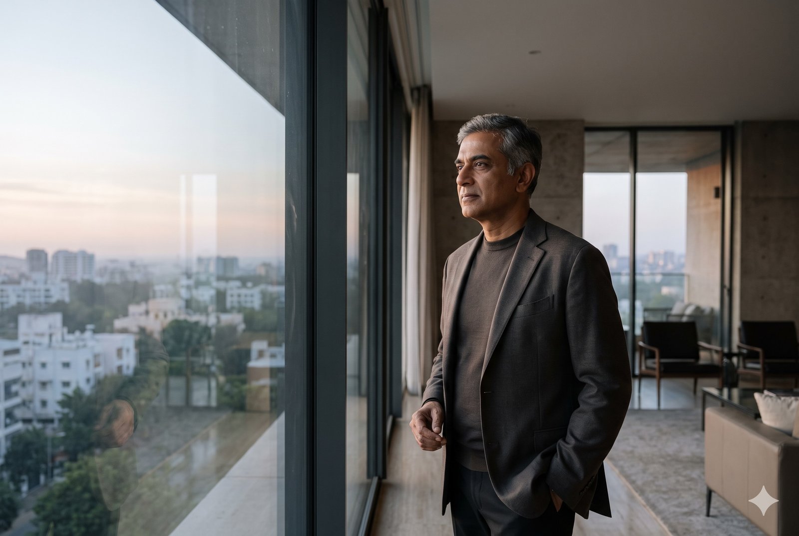 Business leader looking over a city at dawn before the working day begins. To avoid chronic stress and inflammation.
