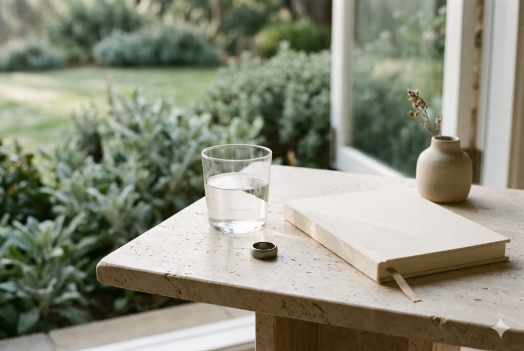 Wearable ring beside a closed journal and glass of water on a stone table.