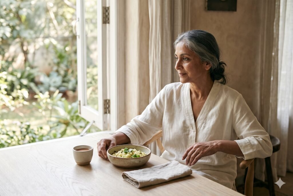 Woman pausing before breakfast at a sunlit table beside an open window.