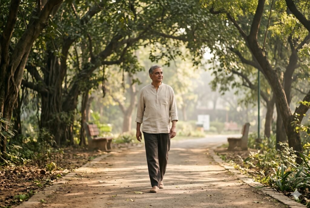 Mature adult walking along a quiet tree-lined path in morning light.