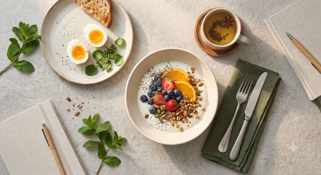 Balanced protein-rich breakfast supporting stable energy and a sustainable vitality reset routine.