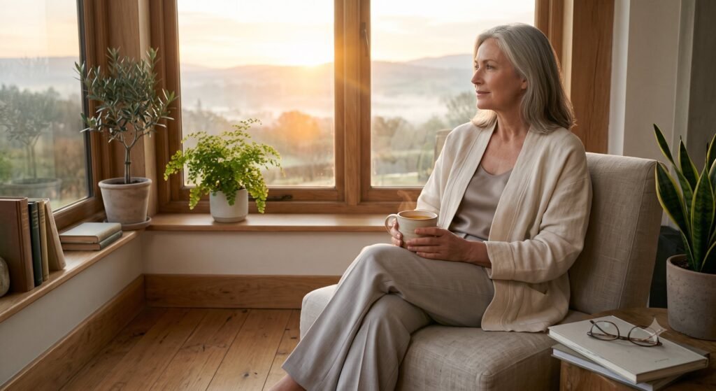 Professional taking a quiet morning pause to support recovery and restore daily energy during a demanding season.